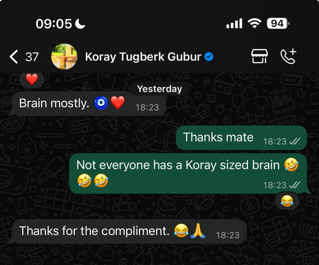 Screenshot of Koray Tugberk saying his main SEO tool is his brain, in conversation with Kasra Dash