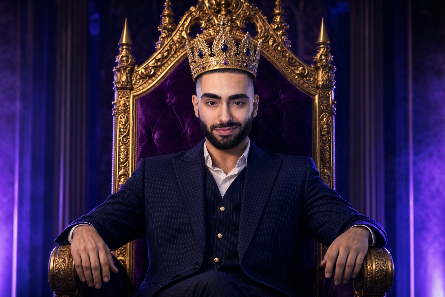 Kasra Dash, the King of SEO, seated on a throne wearing a crown